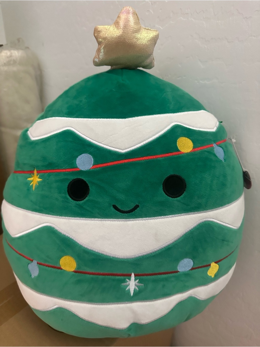 Squishmallows Green and White Holiday Tree Plush Pillow with Gold Star